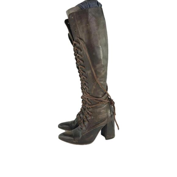 Freebird By Steven Jean Over The Knee US 7 Brown Coal Lace High Heels Tall Boots - Picture 1 of 15
